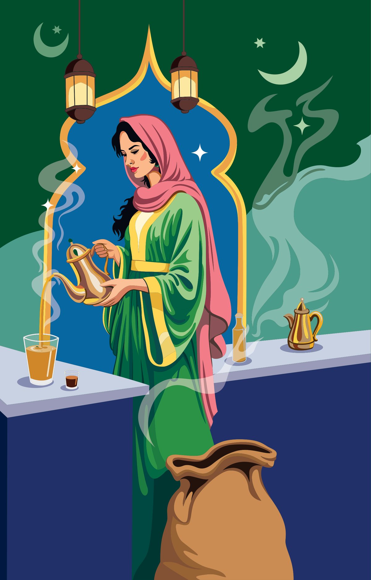 Mural of a woman pouring chai from a brass kettle under hanging lanterns