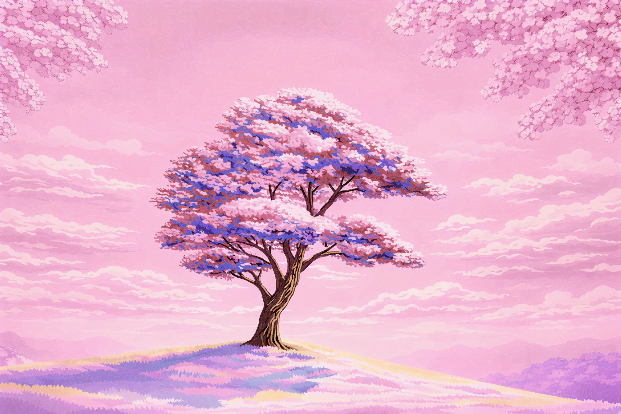 Mural of a cherry blossom tree in bloom on a pink hillside
