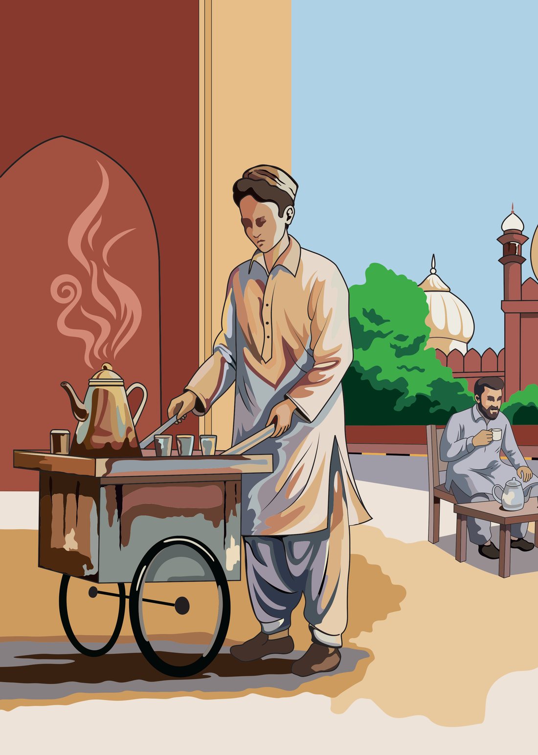 Mural of a chai wallah pouring tea from a copper kettle beside his cart