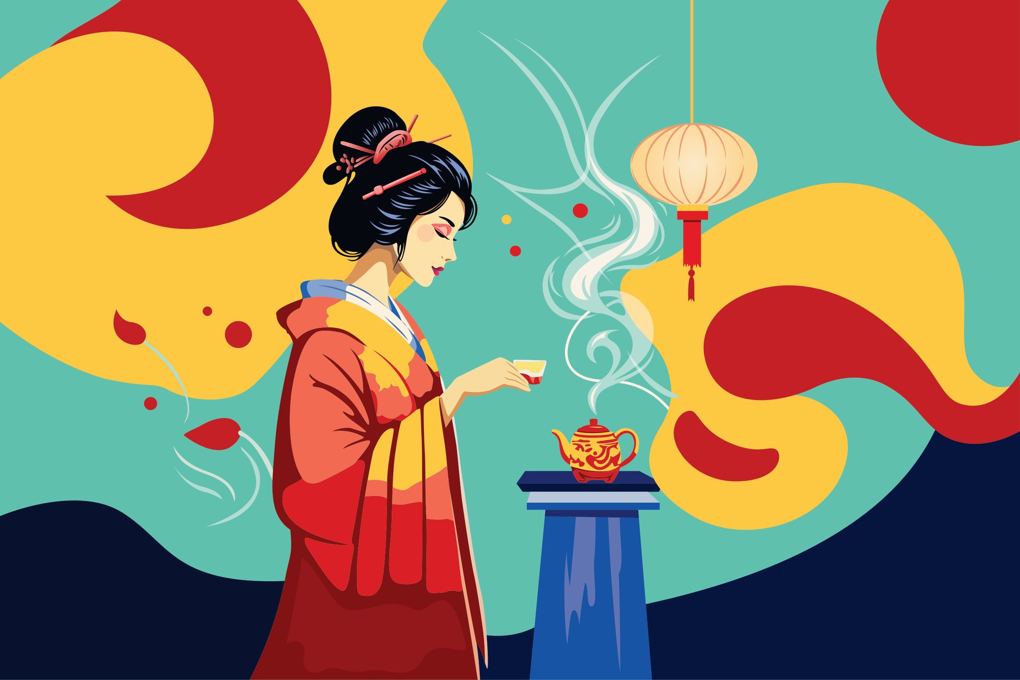 Mural of a woman at a tea table beneath a hanging lantern